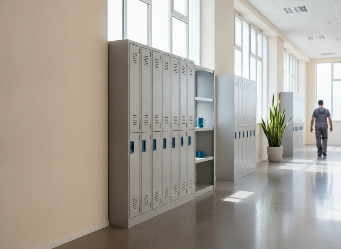 Nave industrial con estantería metálica y lockers GREMPO
